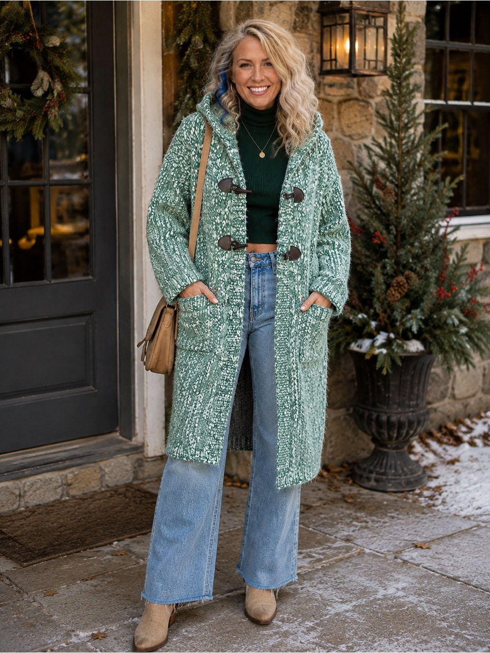 West End Girls Hooded Toggle Sweater Coat Green Fuzzy Long Cardigan
